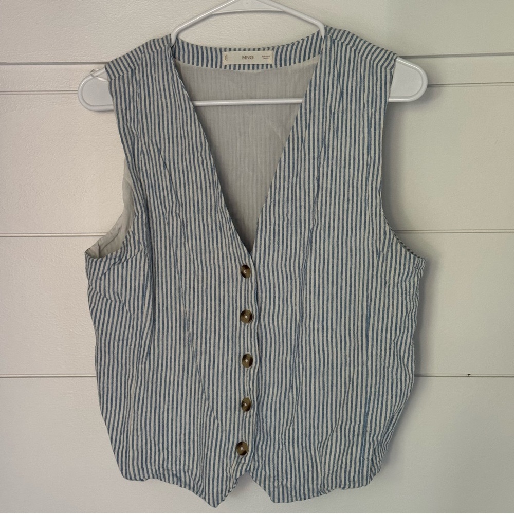 Mango Blue Striped Button Down Vest, Women’s L